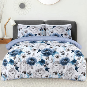 Sleepdown Inky Floral Blue Duvet Set Quilt Cover Reversible Polycotton Bedding Double