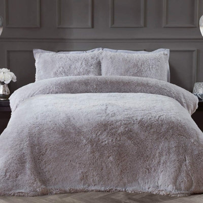 Sleepdown Silver Shaggy Faux Fur Long Pile Fleece Duvet Quilt Cover Set Thermal Bedding Double