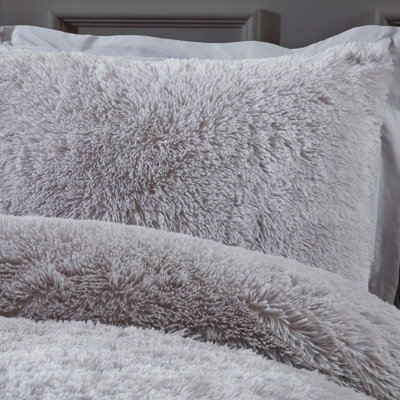 Sleepdown Silver Shaggy Faux Fur Long Pile Fleece Duvet Quilt Cover Set Thermal Bedding Double