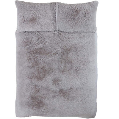 Sleepdown Silver Shaggy Faux Fur Long Pile Fleece Duvet Quilt Cover Set Thermal Bedding Double
