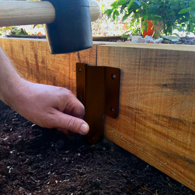 SleeperFit Straight Railway Sleeper Bracket with Stake for Building Raised Beds - Pack of 10 - Dark Brown Finish