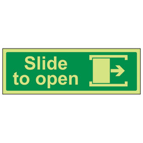 Slide To Open RIGHT Door Safety Sign - Glow in Dark - 300x100mm (x3)