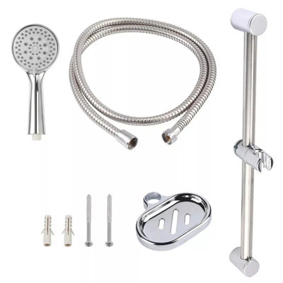 BRIGHT SHOWERS Stainless Steel Slide Bar Grab Rail Set, ADA Compliant With 5-Setting Handheld Shower Head & 69-Inch Hose, Chrome