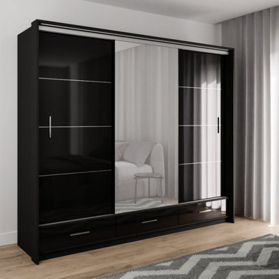 Sliding Door Wardrobe MARSYLIA 255cm Black Gloss