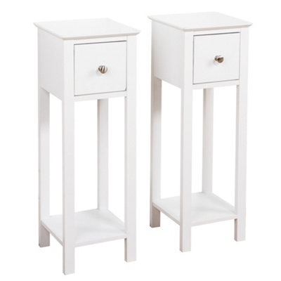 Slim Bedside Table Set of 2 Nightstand Narrow End Table Tall With Drawer White Wooden