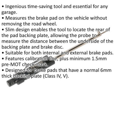 Slim Brake Pad Thickness Gauge - 1.5mm MOT Check Mark - Calibration Line