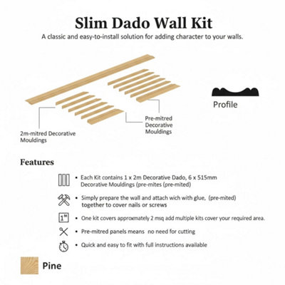 Slim Dado Wall Kit, Pine Decorative Dado & Pre-Mitred, Minimalist ...