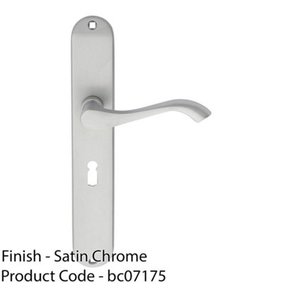 Slim Modern Scroll Latch & Lock Door Handle - Satin Chrome Lever On Backplate