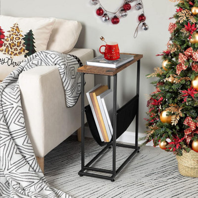 Slim Side Table Narrow End Table Industrial Bedside Tables with Magazine Holder Sling Small Table for