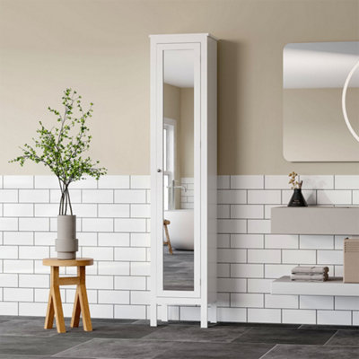 Slim White Tall Bathroom Cabinet with Mirror Door 200cm H