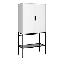 Slimline 2 Door Tall Cabinet in Pure White with Steel Black Legs