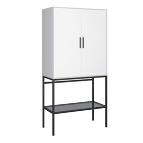 Slimline 2 Door Tall Cabinet in Pure White with Steel Black Legs