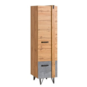 Slimline Elegance: Lofter Tall Cabinet in Oak Wotan & Concrete, H1871mm W451mm D553mm