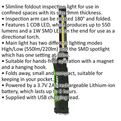 Slimline Inspection Light - 6W COB + 1W SMD LED - Rechargeable - Battery Powered