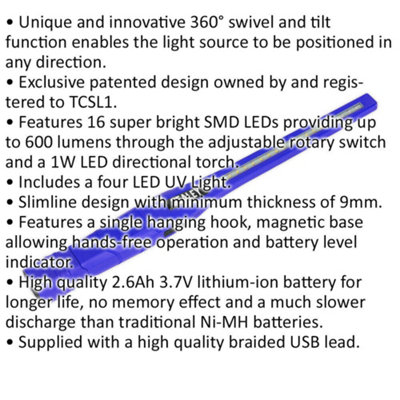 Slimline Swivel Inspection Light - 16 SMD & 1W LED - 4 LED UV Light - Blue
