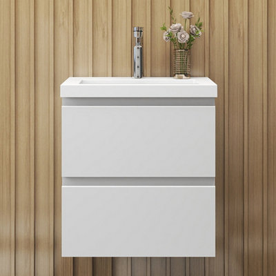 SLINE Matte White Wall Hung Bathroom Vanity Cabinet with Resin Recessed ...