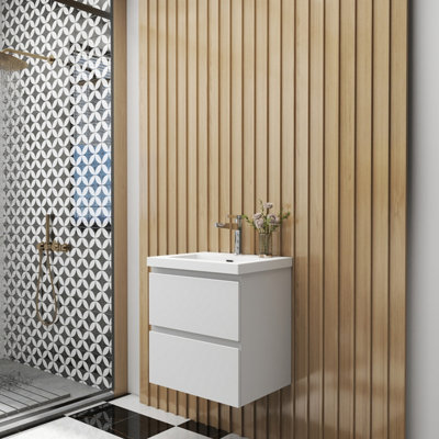 SLINE Matte White Wall Hung Bathroom Vanity Cabinet with Resin Recessed ...