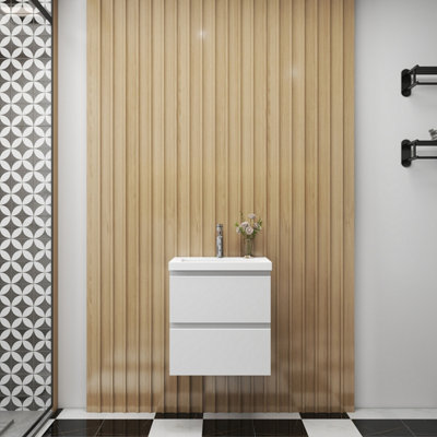 SLINE Matte White Wall Hung Bathroom Vanity Cabinet with Resin Recessed ...