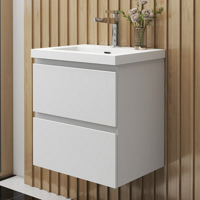 SLINE Matte White Wall Hung Bathroom Vanity Cabinet with Resin Recessed ...