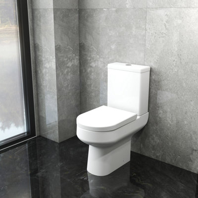 SLINE Modern Rimless Close Coupled Toilet with Soft Close Seat White Round WC Pan