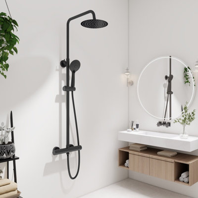 SLINE Round Black Wall-mounted Thermostatic Mixer Shower Anti-Scald ...