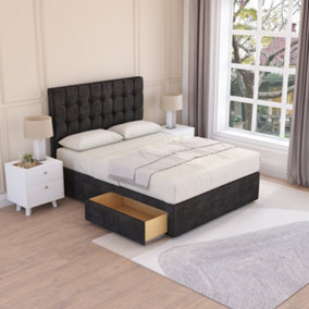 Sloomy Alabama Black Plush 6FT Memory Foam Bed Set With 4 Drawers, Mattress & Headboard- Super King