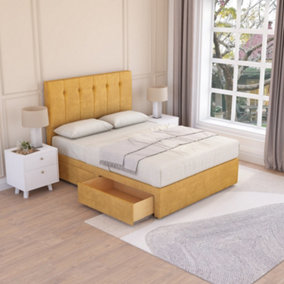 Sloomy Highbury Mustard Plush 6FT Memory Foam Bed Set With 4 Drawers, Mattress & Headboard- Super King