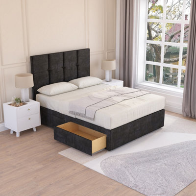 Sloomy Jasmine Black Plush 5FT Memory Foam Bed Set With 2 Drawers, Mattress & Headboard- King