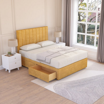 Sloomy Kansas Mustard Plush 6FT Memory Foam Bed Set With 2 Drawers, Mattress & Headboard- Super King