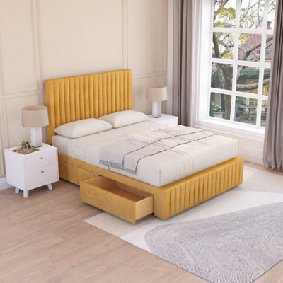 Sloomy Madison Mustard Plush 6FT Memory Foam Bed Set With 4 Drawers, Mattress & Headboard- Super King