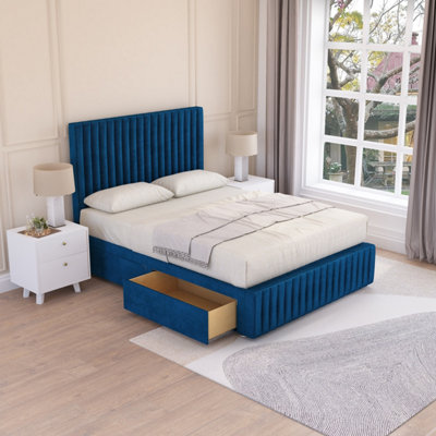 Sloomy Madison Navy Plush 4FT6 Memory Foam Bed Set With 4 Drawers, Mattress & Headboard- Double