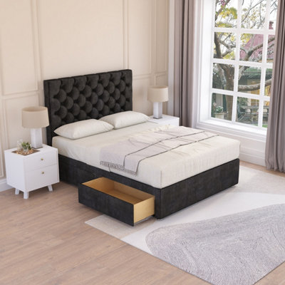 Sloomy Manhattan Black Plush 6FT Memory Foam Bed Set With 2 Drawers, Mattress & Headboard- Super King