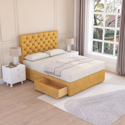 Sloomy Manhattan Mustard Plush 6FT Memory Foam Bed Set With 2 Drawers, Mattress & Headboard- Super King