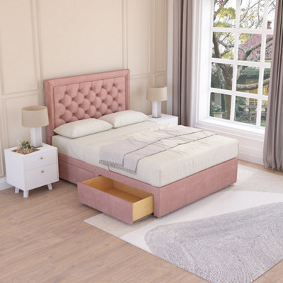 Sloomy Montana Pink Plush 5FT Memory Foam Bed Set With 4 Drawers, Mattress & Headboard- King