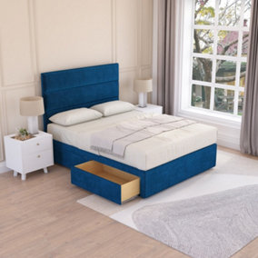 Sloomy Texas Navy Plush 4FT6 Memory Foam Bed Set With 4 Drawers, Mattress & Headboard- Double
