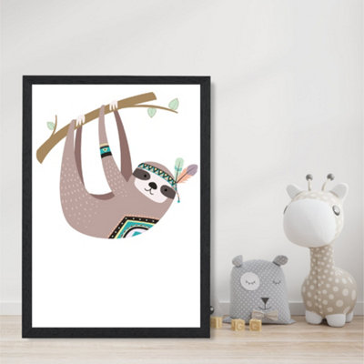 Sloth Tribal Animal Art Print with Black Frame SIZE: A4