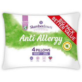 Slumberdown Anti Allergy Pillows 4 Pack Medium Support Back Sleeper for Back Pain Relief Anti Bacterial Comfortable 48x74cm