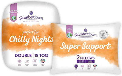 Slumberdown Chilly Nights Double Duvet 15 Tog Extra Warm & Thick Heavyweight Quilt for Cold Winter Nights, 2 Super Support Pillows