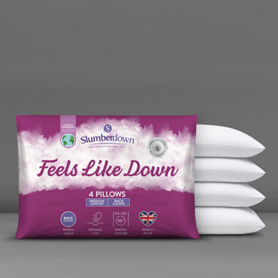 Slumberdown Feels Like Down Pillows 4 Pack Medium Support Back Sleeper Pillows for Back Pain Relief Hypoallergenic 48x74cm