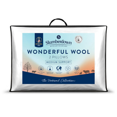 Slumberdown Wonderful Wool Pillow 2 Pack Medium Support Back Sleeper 100% British Wool Soft Cotton Cover 48x74cm