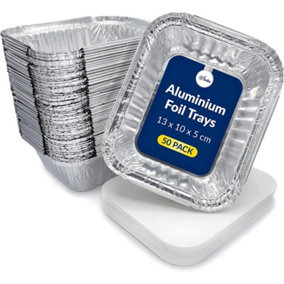 Small Aluminium Foil Food Storage Trays Disposable Foil Containers for Takeaways With Lids- 50 Pack