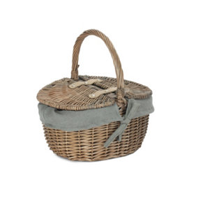 Small Antique Wash Finish Oval Picnic Basket with Grey Sage Lining