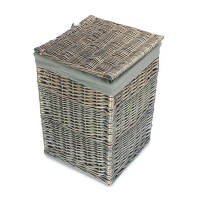 Small Antique Wash Square Laundry Basket with Grey Sage Lining