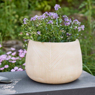 Small Beige Symmetry Stripe Beige Fibre Clay Indoor Outdoor Flower Plant Pot Houseplant Garden Planter