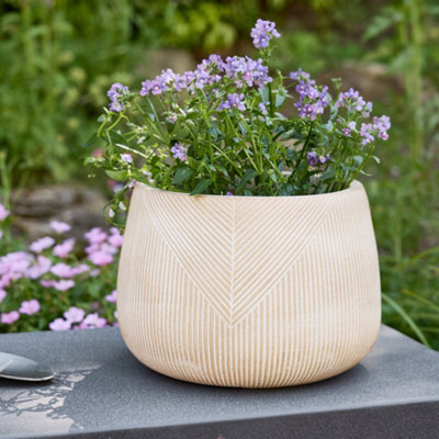 Small Beige Symmetry Stripe Beige Fibre Clay Indoor Outdoor Summer Flower Plant Pot Houseplant Garden Planter