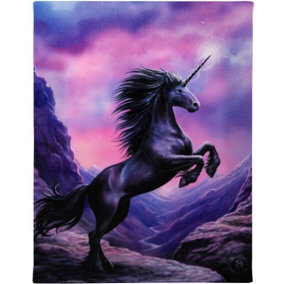 Small Black Unicorn Canvas Wall Plaque by Artist Anne Stokes. Hues of Pink and Purple. Wall Fixings included. H25 cm