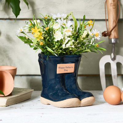 Small Blue Ceramic Boots Flower Planter with "Happy Father's Day" Plaque Gardening Gift (H)10cm, (W) 12cm