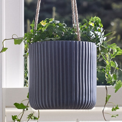 Small Blue Rippled Finish Hanging Planter Indoor Balcony Planter Outdoor Garden Planter Flower Plant Pot (H) 18cm, (Dia)18cm