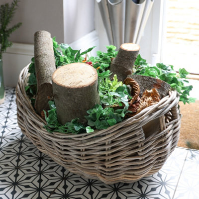 Small Boat Shaped Rattan Fireplace Log Storage Basket with Cordura Lining
