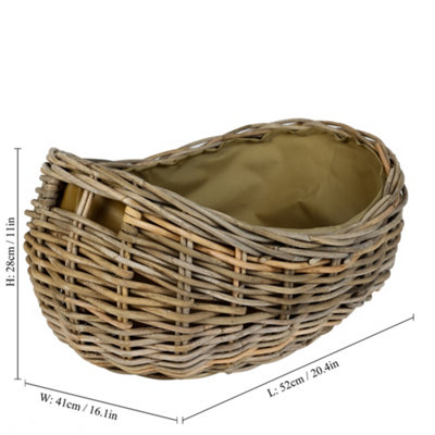 Small Boat Shaped Rattan Fireplace Log Storage Basket with Cordura Lining